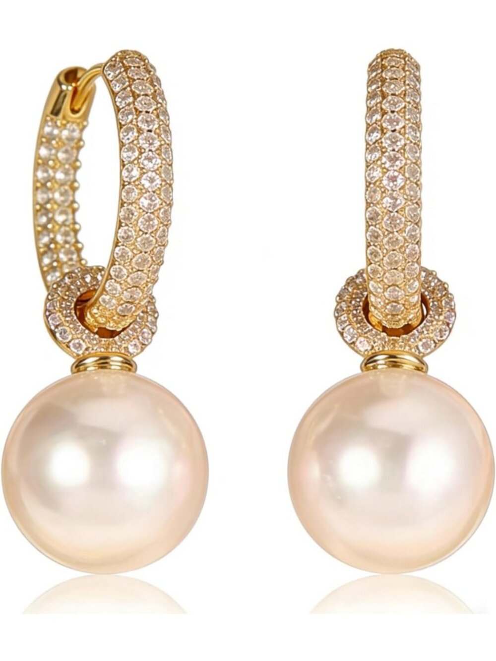 Elegant 14K Gold Plated Pearl Drop Hoop Earrings, 2-in-1 CZ Dangle for Parties